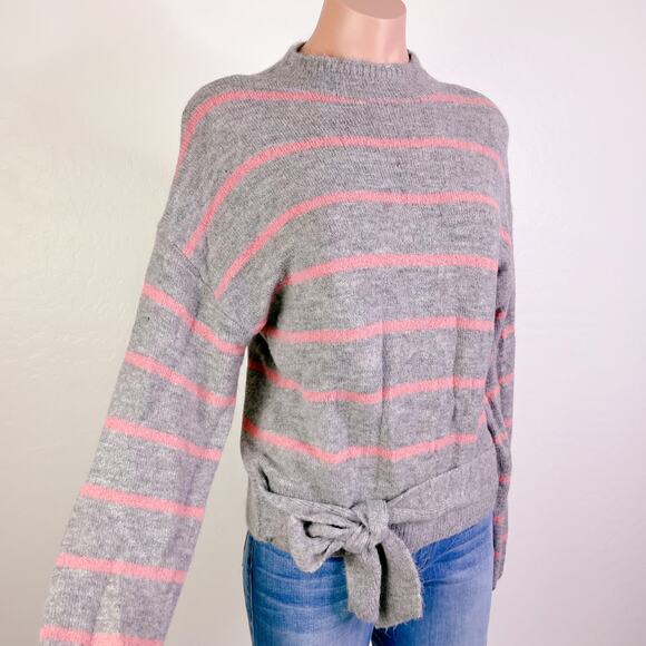 WAYF Striped Mock Neck Tie Waist Pullover Sweater Gray Pink Wool Blend Small - Picture 2 of 12